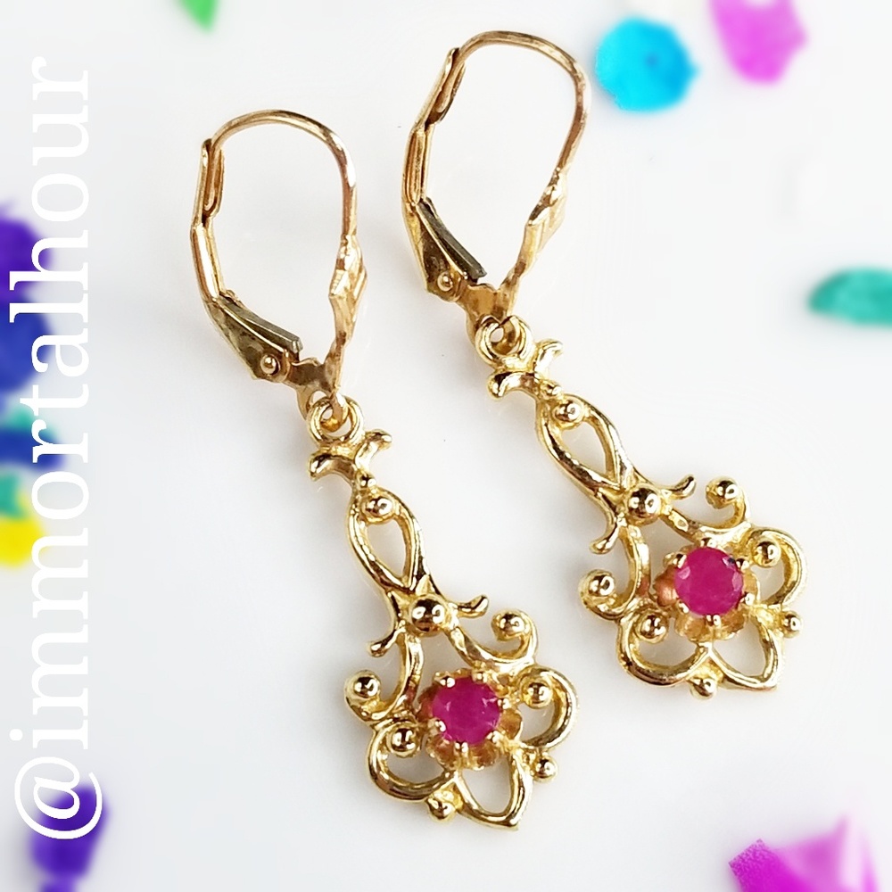 10K Gold Ruby Dangle Earrings